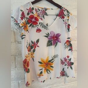 Old Navy Floral V-Neck Blouse - Red, Pink, Yellow, Green